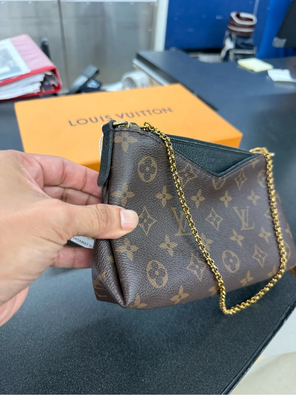 Louis Vuitton Brown Monogram Canvas Chain Shoulder Bag PALLAS clutch purse